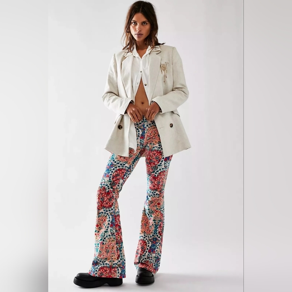 Free People Coral & Blue Floral Bootcut Flare Pants